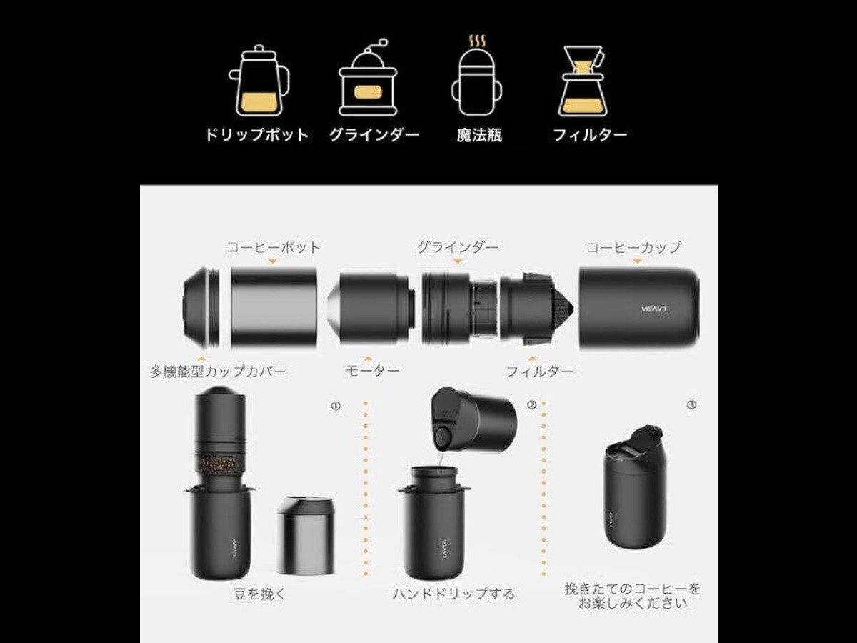 コーヒーの過程を全て行うミル付きポータブルコーヒーメーカー