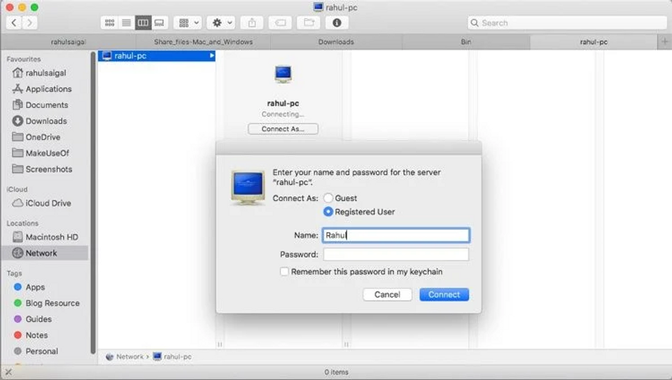 Windowsのユーザー名とパスワードの入力