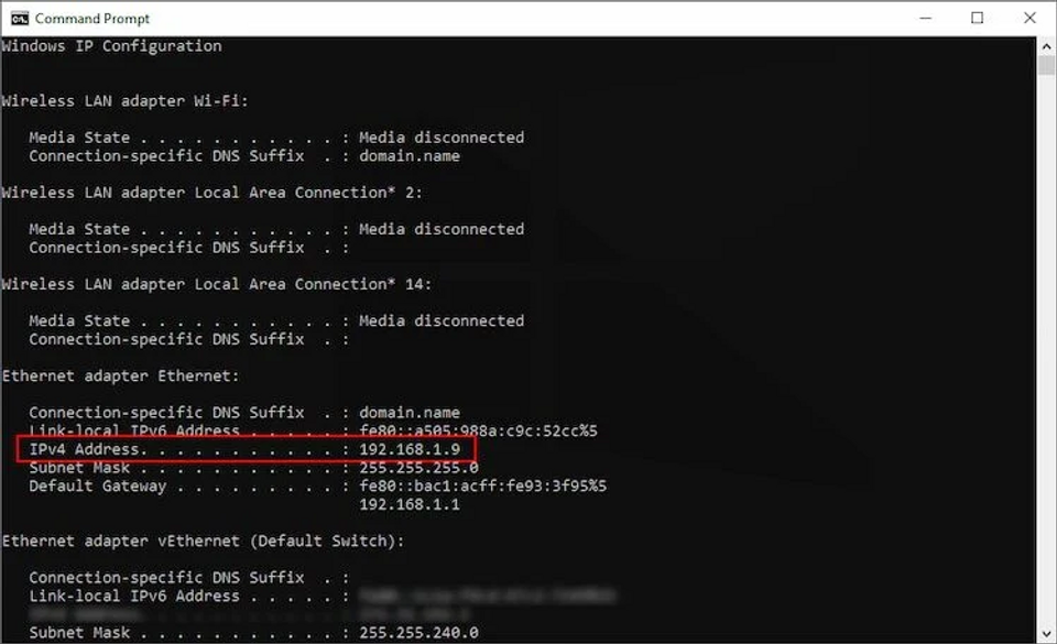 表示されたIPv4アドレス